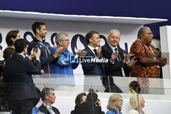 2024-07-27 - COJO President Tony Estanguet, CIO President Thomas Bach and France President Emmanuel Macron, Rugby Sevens, Men's final between France and Fiji during the Olympic Games Paris 2024 on 27 July 2024 at Stade de France in Saint-Denis, France - OLYMPIC GAMES PARIS 2024 - 27/07 - OLYMPIC GAMES PARIS 2024 - OLYMPIC GAMES