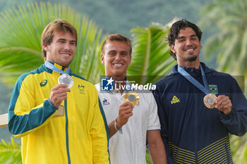 2024-08-05 - Jack Robinson of Australia Silver medal, Kauli Vaast of France Gold medal, Gabriel Medina of Brazil Bronze medal, Surfing, Men's during the Olympic Games Paris 2024 on 6 August 2024 at Teahupo'o in Tahiti, French Polynesia - OLYMPIC GAMES PARIS 2024 - 06/08 - OLYMPIC GAMES PARIS 2024 - OLYMPIC GAMES