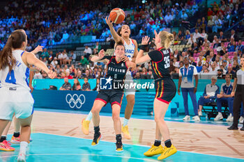 2024-08-09 - Janelle Salaün of France and Antonia Delaere, Julie Vanloo of Belgium, Basketball, Women's Semifinal between France and Belgium during the Olympic Games Paris 2024 on 9 August 2024 at Bercy Arena in Paris, France - OLYMPIC GAMES PARIS 2024 - 09/08 - OLYMPIC GAMES PARIS 2024 - OLYMPIC GAMES