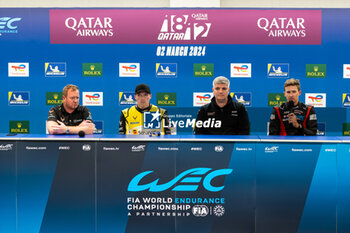 2024-03-01 - Press Conference, CAMPBELL Matt (aus), Porsche Penske Motorsport, Porsche 963, portrait, DIGUID Jonathan, Porsche Penske Motorsport, portrait, VAN ROMPUY Tom (bel), TF Sport, Corvette Z06 GT3.R, portrait, FERRIER Tom, TF Sport, portrait during the Qatar Airways Qatar 1812 KM, 1st round of the 2024 FIA World Endurance Championship, from February 29 to March 02, 2024 on the Losail International Circuit in Lusail, Qatar - FIA WEC - QATAR AIRWAYS QATAR 1812 KM - ENDURANCE - MOTORS