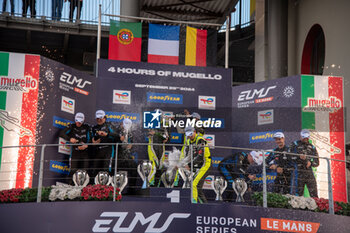 2024-09-29 - Rodrigo SALES (USA),Mathias BECHE (FRA),Gregoire SAUCY (CHE) of team RICHARD MILLE BY TDS, Kriton LENTOUDIS (GRC),Richard BRADLEY (GBR),Alex QUINN (GBR) of team ALGARVE PRO RACING, Giorgio RODA (ITA),Rene BINDER (AUT),Bent VISCAAL (NLD) of a team PROTON COMPETITION on a podium of LMP2 Pro/Am, ELMS in Mugello - ELMS - 4 HOURS OF MUGELLO - ENDURANCE - MOTORS