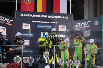 2024-09-29 - Jonas RIED (DEU),Maceo CAPIETTO (FRA),Matteo CAIROLI (ITA) of team IRON LYNX - PROTON, Matthias KAISER (CHE),Olli CALDWELL (GBR),Alexander LYNN (GBR) of a team ALGARVE PRO RACING, Sebastian ALVAREZ (MEX),Vladislav LOMKO (FRA),Tom DILLMANN (FRA) of a team INTER EUROPOL COMPETITION on a podium of LMP2 class, ELMS in Mugello - ELMS - 4 HOURS OF MUGELLO - ENDURANCE - MOTORS