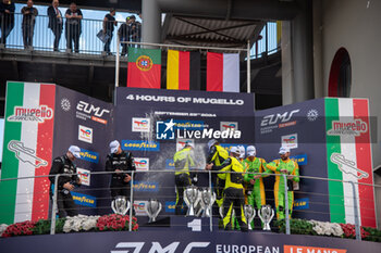 2024-09-29 - Jonas RIED (DEU),Maceo CAPIETTO (FRA),Matteo CAIROLI (ITA) of team IRON LYNX - PROTON, Matthias KAISER (CHE),Olli CALDWELL (GBR),Alexander LYNN (GBR) of a team ALGARVE PRO RACING, Sebastian ALVAREZ (MEX),Vladislav LOMKO (FRA),Tom DILLMANN (FRA) of a team INTER EUROPOL COMPETITION on a podium of LMP2 class, ELMS in Mugello - ELMS - 4 HOURS OF MUGELLO - ENDURANCE - MOTORS