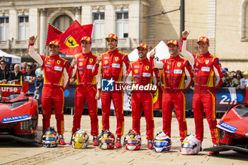 2024-06-08 - 50 FUOCO Antonio (ita), MOLINA Miguel (spa), NIELSEN Nicklas (dnk), Ferrari AF Corse, Ferrari 499P #50, Hypercar, FIA WEC, 51 PIER GUIDI Alessandro (ita), CALADO James (gbr), GIOVINAZZI Antonio (ita), Ferrari AF Corse, Ferrari 499P #51, Hypercar, FIA WEC, portrait during the Scrutineering of the 2024 24 Hours of Le Mans, 4th round of the 2024 FIA World Endurance Championship, on the Place de la République, from June 7 to 8, 2024 in Le Mans, France - 24 HEURES DU MANS 2024 - SCRUTINEERING - ENDURANCE - MOTORS