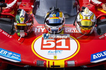 2024-06-08 - 51 PIER GUIDI Alessandro (ita), CALADO James (gbr), GIOVINAZZI Antonio (ita), Ferrari AF Corse, Ferrari 499P #51, Hypercar, FIA WEC, portrait during the Scrutineering of the 2024 24 Hours of Le Mans, 4th round of the 2024 FIA World Endurance Championship, on the Place de la République, from June 7 to 8, 2024 in Le Mans, France - 24 HEURES DU MANS 2024 - SCRUTINEERING - ENDURANCE - MOTORS