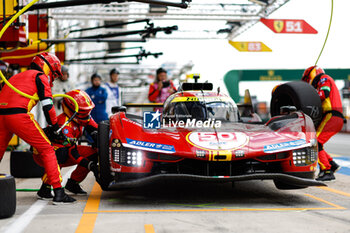 2024-06-09 - 50 FUOCO Antonio (ita), MOLINA Miguel (spa), NIELSEN Nicklas (dnk), Ferrari AF Corse, Ferrari 499P #50, Hypercar, FIA WEC, pitstop, arrêt aux stands, during the Free Practice 1 - Test Day of the 2024 24 Hours of Le Mans, 4th round of the 2024 FIA World Endurance Championship, on the Circuit des 24 Heures du Mans, on June 9, 2024 in Le Mans, France - 24 HEURES DU MANS 2024 - FREE PRACTICE 1 - TEST DAY - ENDURANCE - MOTORS