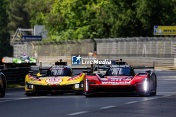 2024-06-09 - 83 KUBICA Robert (pol), SHWARTZMAN Robert (isr), YE Yifei (chn), AF Corse, Ferrari 499P #83, Hypercar, FIA WEC, action, 311 DERANI Luis Felipe (bra), AITKEN Jack (gbr), DRUGOVICH Felipe (bra), Whelen Cadillac Racing, Cadillac V-Series.R #311, Hypercar, action during the Free Practice 1 - Test Day of the 2024 24 Hours of Le Mans, 4th round of the 2024 FIA World Endurance Championship, on the Circuit des 24 Heures du Mans, on June 9, 2024 in Le Mans, France - 24 HEURES DU MANS 2024 - FREE PRACTICE 1 - TEST DAY - ENDURANCE - MOTORS
