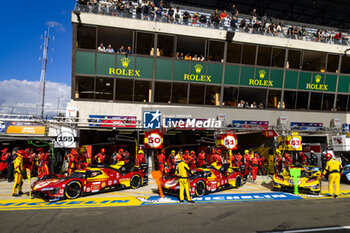 2024-06-12 - 50 FUOCO Antonio (ita), MOLINA Miguel (spa), NIELSEN Nicklas (dnk), Ferrari AF Corse, Ferrari 499P #50, Hypercar, FIA WEC, 51 PIER GUIDI Alessandro (ita), CALADO James (gbr), GIOVINAZZI Antonio (ita), Ferrari AF Corse, Ferrari 499P #51, Hypercar, FIA WEC, 83 KUBICA Robert (pol), SHWARTZMAN Robert (isr), YE Yifei (chn), AF Corse, Ferrari 499P #83, Hypercar, FIA WEC, action during the Wednesday Qualifying session of the 2024 24 Hours of Le Mans, 4th round of the 2024 FIA World Endurance Championship, on the Circuit des 24 Heures du Mans, on June 12, 2024 in Le Mans, France - 24 HEURES DU MANS 2024 - WEDNESDAY - QUALIFYING - ENDURANCE - MOTORS