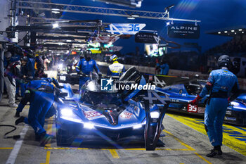 2024-06-12 - 36 VAXIVIERE Matthieu (fra), SCHUMACHER Mick (ger), LAPIERRE Nicolas (fra), Alpine Endurance Team, Alpine A424 #36, Hypercar, FIA WEC, pit stop during the Free Practice 2 of the 2024 24 Hours of Le Mans, 4th round of the 2024 FIA World Endurance Championship, on the Circuit des 24 Heures du Mans, on June 12, 2024 in Le Mans, France - 24 HEURES DU MANS 2024 - WEDNESDAY - FREE PRACTICE 2 - ENDURANCE - MOTORS