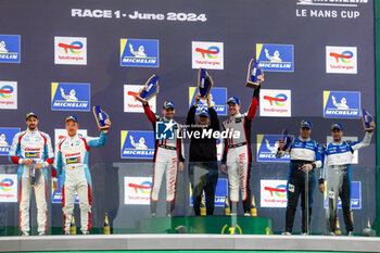 2024-06-13 - Podium, FERNANDEZ-LASER Felipe (ger), Rinaldi Racing, Ligier JS P320 - Nissan, LMP3, #71, portrait, AUST Stefan (ges), Rinaldi Racing, Ligier JS P320 - Nissan, LMP3, #71, portrait, KRATZ Torsten (ger), WTM by Rinaldi Racing, Duqueine M30 - D08 - Nissan, LMP3, #22, portrait, WEISS Leonard (ger), WTM by Rinaldi Racing, Duqueine M30 - D08 - Nissan, LMP3, #22, portrait DROUX David (swi), Cool Racing, Ligier JS P320 - Nissan, LMP3, #97, portrait, CHILA Adrien (fra), Cool Racing, Ligier JS P320 - Nissan, LMP3, #97, portrait during the Road to Le Mans 2024, 3rd round of the 2024 Michelin Le Mans Cup, on the Circuit des 24 Heures du Mans, from June 12 to 15, 2024 in Le Mans, France - AUTO - ROAD TO LE MANS 2024 - ENDURANCE - MOTORS