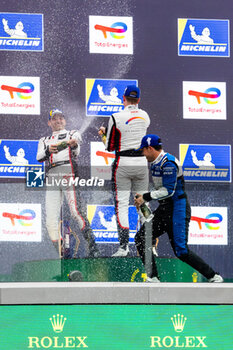 2024-06-13 - Podium, KRATZ Torsten (ger), WTM by Rinaldi Racing, Duqueine M30 - D08 - Nissan, LMP3, #22, portrait, WEISS Leonard (ger), WTM by Rinaldi Racing, Duqueine M30 - D08 - Nissan, LMP3, #22, portrait, DROUX David (swi), Cool Racing, Ligier JS P320 - Nissan, LMP3, #97, portrait during the Road to Le Mans 2024, 3rd round of the 2024 Michelin Le Mans Cup, on the Circuit des 24 Heures du Mans, from June 12 to 15, 2024 in Le Mans, France - AUTO - ROAD TO LE MANS 2024 - ENDURANCE - MOTORS