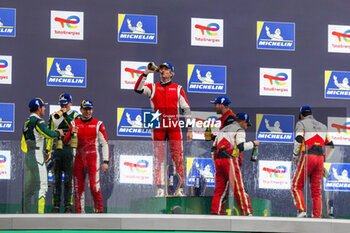 2024-06-13 - Podium, DEBOER Derek (usa), Racing Spirit of Leman, Aston Martin Vantage GT3 Evo, GT3, #95, portrait, HASSE-CLOT Valentin (fra), Racing Spirit of Leman, Aston Martin Vantage GT3 Evo, GT3, #95, portrait, JOUSSET Frédéric (fra), Kessel Racing, Ferrari 296 GT3, GT3, #12, portrait, FUMANELLI David Cleto (ita), Kessel Racing, Ferrari 296 GT3, GT3, #12, portrait, TOLEDO Custodio (bra), AF Corse, Ferrari 296 GT3, GT3, #88, portrait, AGOSTINI Ricciardo (ita), AF Corse, Ferrari 296 GT3, GT3, #88, portrait during the Road to Le Mans 2024, 3rd round of the 2024 Michelin Le Mans Cup, on the Circuit des 24 Heures du Mans, from June 12 to 15, 2024 in Le Mans, France - AUTO - ROAD TO LE MANS 2024 - ENDURANCE - MOTORS