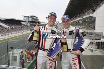 2024-06-13 - 22 KRATZ Torsten (ger), WEISS Leonard (ger), WTM by Rinaldi Racing, Duqueine M30 - D08 - Nissan, LMP3, #22, portrait podium Race 1 during the Road to Le Mans 2024, 3rd round of the 2024 Michelin Le Mans Cup, on the Circuit des 24 Heures du Mans, from June 12 to 15, 2024 in Le Mans, France - AUTO - ROAD TO LE MANS 2024 - ENDURANCE - MOTORS