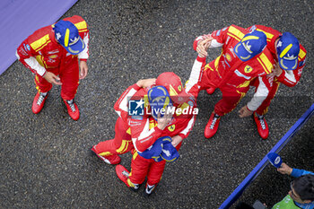 2024-06-16 - finish line, arrivee, podium, portrait ambiance pitlane, 50 FUOCO Antonio (ita), MOLINA Miguel (spa), NIELSEN Nicklas (dnk), Ferrari AF Corse, Ferrari 499P #50, Hypercar, FIA WEC, portrait during the 2024 24 Hours of Le Mans, 4th round of the 2024 FIA World Endurance Championship, on the Circuit des 24 Heures du Mans, from June 15 to 16, 2024 in Le Mans, France - 24 HEURES DU MANS 2024 - RACE - ENDURANCE - MOTORS