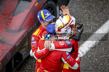 2024-06-16 - 50 FUOCO Antonio (ita), MOLINA Miguel (spa), NIELSEN Nicklas (dnk), Ferrari AF Corse, Ferrari 499P #50, Hypercar, FIA WEC, celebration finish line, arrivee, portrait during the 2024 24 Hours of Le Mans, 4th round of the 2024 FIA World Endurance Championship, on the Circuit des 24 Heures du Mans, from June 15 to 16, 2024 in Le Mans, France - 24 HEURES DU MANS 2024 - RACE - ENDURANCE - MOTORS