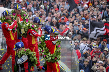 2024-06-16 - podium, portrait ambiance pitlane, 50 FUOCO Antonio (ita), MOLINA Miguel (spa), NIELSEN Nicklas (dnk), Ferrari AF Corse, Ferrari 499P #50, Hypercar, FIA WEC, portrait, 51 PIER GUIDI Alessandro (ita), CALADO James (gbr), GIOVINAZZI Antonio (ita), Ferrari AF Corse, Ferrari 499P #51, Hypercar, FIA WEC, during the 2024 24 Hours of Le Mans, 4th round of the 2024 FIA World Endurance Championship, on the Circuit des 24 Heures du Mans, from June 15 to 16, 2024 in Le Mans, France - 24 HEURES DU MANS 2024 - RACE - ENDURANCE - MOTORS