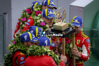 2024-06-16 - podium, portrait 50 FUOCO Antonio (ita), MOLINA Miguel (spa), NIELSEN Nicklas (dnk), Ferrari AF Corse, Ferrari 499P #50, Hypercar, FIA WEC, trophy during the 2024 24 Hours of Le Mans, 4th round of the 2024 FIA World Endurance Championship, on the Circuit des 24 Heures du Mans, from June 15 to 16, 2024 in Le Mans, France - 24 HEURES DU MANS 2024 - RACE - ENDURANCE - MOTORS