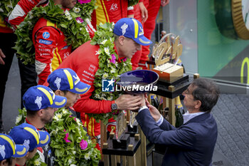 2024-06-16 - FILLON Pierre (fra), President of ACO, portrait, 50 FUOCO Antonio (ita), MOLINA Miguel (spa), NIELSEN Nicklas (dnk), Ferrari AF Corse, Ferrari 499P #50, Hypercar, FIA WEC, podium portrait during the 2024 24 Hours of Le Mans, 4th round of the 2024 FIA World Endurance Championship, on the Circuit des 24 Heures du Mans, from June 15 to 16, 2024 in Le Mans, France - 24 HEURES DU MANS 2024 - RACE - ENDURANCE - MOTORS