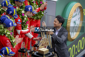 2024-06-16 - NAKAJIMA Kazuki (jpn), Grand Marshall Le Mans 2024, portrait, 50 FUOCO Antonio (ita), MOLINA Miguel (spa), NIELSEN Nicklas (dnk), Ferrari AF Corse, Ferrari 499P #50, Hypercar, FIA WEC, podium, portrait during the 2024 24 Hours of Le Mans, 4th round of the 2024 FIA World Endurance Championship, on the Circuit des 24 Heures du Mans, from June 15 to 16, 2024 in Le Mans, France - 24 HEURES DU MANS 2024 - RACE - ENDURANCE - MOTORS