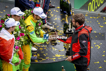 2024-06-16 - 34 SMIECHOWSKI Jakub (pol), LOMKO Vladislav (grd), NOVALAK Clément (fra), Inter Europol Competition, Oreca 07 - Gibson #34, LMP2, Podium portrait during the 2024 24 Hours of Le Mans, 4th round of the 2024 FIA World Endurance Championship, on the Circuit des 24 Heures du Mans, from June 15 to 16, 2024 in Le Mans, France - 24 HEURES DU MANS 2024 - RACE - ENDURANCE - MOTORS