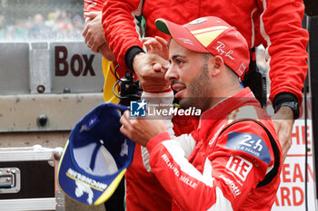 2024-06-16 - 50 FUOCO Antonio (ita), MOLINA Miguel (spa), NIELSEN Nicklas (dnk), Ferrari AF Corse, Ferrari 499P #50, Hypercar, FIA WEC, podium, portrait, during the podium of the 2024 24 Hours of Le Mans, 4th round of the 2024 FIA World Endurance Championship, on the Circuit des 24 Heures du Mans, from June 15 to 16, 2024 in Le Mans, France - 24 HEURES DU MANS 2024 - PODIUM - ENDURANCE - MOTORS