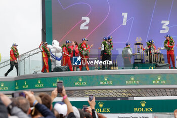 2024-06-16 - 50 FUOCO Antonio (ita), MOLINA Miguel (spa), NIELSEN Nicklas (dnk), Ferrari AF Corse, Ferrari 499P #50, Hypercar, FIA WEC, podium, portrait, during the podium of the 2024 24 Hours of Le Mans, 4th round of the 2024 FIA World Endurance Championship, on the Circuit des 24 Heures du Mans, from June 15 to 16, 2024 in Le Mans, France - 24 HEURES DU MANS 2024 - PODIUM - ENDURANCE - MOTORS