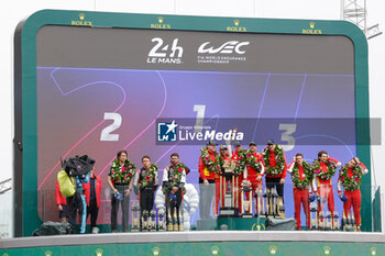 2024-06-16 - 50 FUOCO Antonio (ita), MOLINA Miguel (spa), NIELSEN Nicklas (dnk), Ferrari AF Corse, Ferrari 499P #50, Hypercar, FIA WEC, podium, portrait, 07 LOPEZ José María (arg), KOBAYASHI Kamui (jpn), DE VRIES Nyck (nld), Toyota Gazoo Racing, Toyota GR010 - Hybrid #07, Hypercar, FIA WEC, 51 PIER GUIDI Alessandro (ita), CALADO James (gbr), GIOVINAZZI Antonio (ita), Ferrari AF Corse, Ferrari 499P #51, Hypercar, FIA WEC, podium, portrait during the podium of the 2024 24 Hours of Le Mans, 4th round of the 2024 FIA World Endurance Championship, on the Circuit des 24 Heures du Mans, from June 15 to 16, 2024 in Le Mans, France - 24 HEURES DU MANS 2024 - PODIUM - ENDURANCE - MOTORS