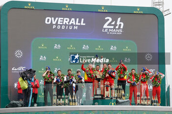 2024-06-16 - 50 FUOCO Antonio (ita), MOLINA Miguel (spa), NIELSEN Nicklas (dnk), Ferrari AF Corse, Ferrari 499P #50, Hypercar, FIA WEC, podium, portrait, 07 LOPEZ José María (arg), KOBAYASHI Kamui (jpn), DE VRIES Nyck (nld), Toyota Gazoo Racing, Toyota GR010 - Hybrid #07, Hypercar, FIA WEC, 51 PIER GUIDI Alessandro (ita), CALADO James (gbr), GIOVINAZZI Antonio (ita), Ferrari AF Corse, Ferrari 499P #51, Hypercar, FIA WEC, podium, portrait during the podium of the 2024 24 Hours of Le Mans, 4th round of the 2024 FIA World Endurance Championship, on the Circuit des 24 Heures du Mans, from June 15 to 16, 2024 in Le Mans, France - 24 HEURES DU MANS 2024 - PODIUM - ENDURANCE - MOTORS