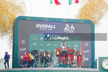 2024-06-16 - 50 FUOCO Antonio (ita), MOLINA Miguel (spa), NIELSEN Nicklas (dnk), Ferrari AF Corse, Ferrari 499P #50, Hypercar, FIA WEC, podium, portrait, 07 LOPEZ José María (arg), KOBAYASHI Kamui (jpn), DE VRIES Nyck (nld), Toyota Gazoo Racing, Toyota GR010 - Hybrid #07, Hypercar, FIA WEC, 51 PIER GUIDI Alessandro (ita), CALADO James (gbr), GIOVINAZZI Antonio (ita), Ferrari AF Corse, Ferrari 499P #51, Hypercar, FIA WEC, podium, portrait during the podium of the 2024 24 Hours of Le Mans, 4th round of the 2024 FIA World Endurance Championship, on the Circuit des 24 Heures du Mans, from June 15 to 16, 2024 in Le Mans, France - 24 HEURES DU MANS 2024 - PODIUM - ENDURANCE - MOTORS