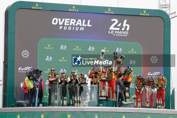 2024-06-16 - 50 FUOCO Antonio (ita), MOLINA Miguel (spa), NIELSEN Nicklas (dnk), Ferrari AF Corse, Ferrari 499P #50, Hypercar, FIA WEC, podium, portrait, 07 LOPEZ José María (arg), KOBAYASHI Kamui (jpn), DE VRIES Nyck (nld), Toyota Gazoo Racing, Toyota GR010 - Hybrid #07, Hypercar, FIA WEC, 51 PIER GUIDI Alessandro (ita), CALADO James (gbr), GIOVINAZZI Antonio (ita), Ferrari AF Corse, Ferrari 499P #51, Hypercar, FIA WEC, podium, portrait during the podium of the 2024 24 Hours of Le Mans, 4th round of the 2024 FIA World Endurance Championship, on the Circuit des 24 Heures du Mans, from June 15 to 16, 2024 in Le Mans, France - 24 HEURES DU MANS 2024 - PODIUM - ENDURANCE - MOTORS