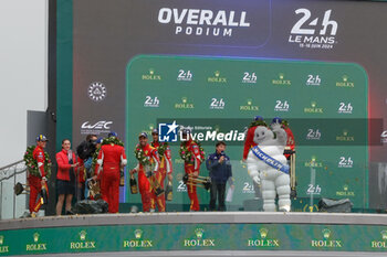 2024-06-16 - 50 FUOCO Antonio (ita), MOLINA Miguel (spa), NIELSEN Nicklas (dnk), Ferrari AF Corse, Ferrari 499P #50, Hypercar, FIA WEC, podium, portrait, during the podium of the 2024 24 Hours of Le Mans, 4th round of the 2024 FIA World Endurance Championship, on the Circuit des 24 Heures du Mans, from June 15 to 16, 2024 in Le Mans, France - 24 HEURES DU MANS 2024 - PODIUM - ENDURANCE - MOTORS