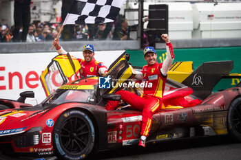 2024-06-16 - 50 FUOCO Antonio (ita), MOLINA Miguel (spa), NIELSEN Nicklas (dnk), Ferrari AF Corse, Ferrari 499P #50, Hypercar, FIA WEC, action during the podium of the 2024 24 Hours of Le Mans, 4th round of the 2024 FIA World Endurance Championship, on the Circuit des 24 Heures du Mans, from June 15 to 16, 2024 in Le Mans, France - 24 HEURES DU MANS 2024 - PODIUM - ENDURANCE - MOTORS