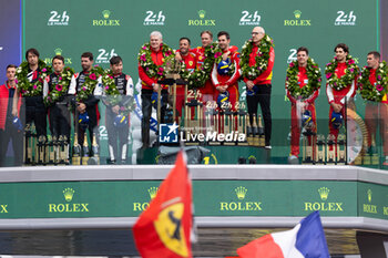 2024-06-16 - 51 PIER GUIDI Alessandro (ita), CALADO James (gbr), GIOVINAZZI Antonio (ita), Ferrari AF Corse, Ferrari 499P #51, Hypercar, FIA WEC, 50 FUOCO Antonio (ita), MOLINA Miguel (spa), NIELSEN Nicklas (dnk), Ferrari AF Corse, Ferrari 499P #50, Hypercar, FIA WEC, 07 CONWAY Mike (gbr), KOBAYASHI Kamui (jpn), DE VRIES Nyck (nld), Toyota Gazoo Racing, Toyota GR010 - Hybrid #07, Hypercar, FIA WEC, podium during the podium of the 2024 24 Hours of Le Mans, 4th round of the 2024 FIA World Endurance Championship, on the Circuit des 24 Heures du Mans, from June 15 to 16, 2024 in Le Mans, France - 24 HEURES DU MANS 2024 - PODIUM - ENDURANCE - MOTORS