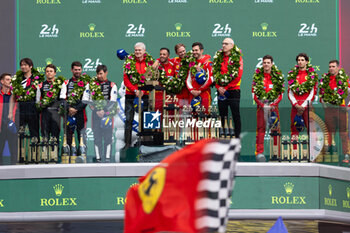 2024-06-16 - 51 PIER GUIDI Alessandro (ita), CALADO James (gbr), GIOVINAZZI Antonio (ita), Ferrari AF Corse, Ferrari 499P #51, Hypercar, FIA WEC, 50 FUOCO Antonio (ita), MOLINA Miguel (spa), NIELSEN Nicklas (dnk), Ferrari AF Corse, Ferrari 499P #50, Hypercar, FIA WEC, 07 CONWAY Mike (gbr), KOBAYASHI Kamui (jpn), DE VRIES Nyck (nld), Toyota Gazoo Racing, Toyota GR010 - Hybrid #07, Hypercar, FIA WEC, podium during the podium of the 2024 24 Hours of Le Mans, 4th round of the 2024 FIA World Endurance Championship, on the Circuit des 24 Heures du Mans, from June 15 to 16, 2024 in Le Mans, France - 24 HEURES DU MANS 2024 - PODIUM - ENDURANCE - MOTORS