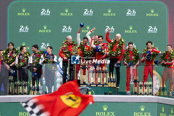 2024-06-16 - 51 PIER GUIDI Alessandro (ita), CALADO James (gbr), GIOVINAZZI Antonio (ita), Ferrari AF Corse, Ferrari 499P #51, Hypercar, FIA WEC, 50 FUOCO Antonio (ita), MOLINA Miguel (spa), NIELSEN Nicklas (dnk), Ferrari AF Corse, Ferrari 499P #50, Hypercar, FIA WEC, 07 CONWAY Mike (gbr), KOBAYASHI Kamui (jpn), DE VRIES Nyck (nld), Toyota Gazoo Racing, Toyota GR010 - Hybrid #07, Hypercar, FIA WEC, podium during the podium of the 2024 24 Hours of Le Mans, 4th round of the 2024 FIA World Endurance Championship, on the Circuit des 24 Heures du Mans, from June 15 to 16, 2024 in Le Mans, France - 24 HEURES DU MANS 2024 - PODIUM - ENDURANCE - MOTORS