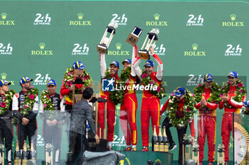 2024-06-16 - 50 FUOCO Antonio (ita), MOLINA Miguel (spa), NIELSEN Nicklas (dnk), Ferrari AF Corse, Ferrari 499P #50, Hypercar, FIA WEC, podium during the podium of the 2024 24 Hours of Le Mans, 4th round of the 2024 FIA World Endurance Championship, on the Circuit des 24 Heures du Mans, from June 15 to 16, 2024 in Le Mans, France - 24 HEURES DU MANS 2024 - PODIUM - ENDURANCE - MOTORS