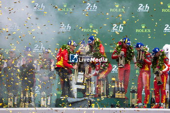 2024-06-16 - 50 FUOCO Antonio (ita), MOLINA Miguel (spa), NIELSEN Nicklas (dnk), Ferrari AF Corse, Ferrari 499P #50, Hypercar, FIA WEC, podium during the podium of the 2024 24 Hours of Le Mans, 4th round of the 2024 FIA World Endurance Championship, on the Circuit des 24 Heures du Mans, from June 15 to 16, 2024 in Le Mans, France - 24 HEURES DU MANS 2024 - PODIUM - ENDURANCE - MOTORS