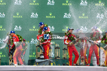 2024-06-16 - 50 FUOCO Antonio (ita), MOLINA Miguel (spa), NIELSEN Nicklas (dnk), Ferrari AF Corse, Ferrari 499P #50, Hypercar, FIA WEC, 51 PIER GUIDI Alessandro (ita), CALADO James (gbr), GIOVINAZZI Antonio (ita), Ferrari AF Corse, Ferrari 499P #51, Hypercar, FIA WEC, podium during the podium of the 2024 24 Hours of Le Mans, 4th round of the 2024 FIA World Endurance Championship, on the Circuit des 24 Heures du Mans, from June 15 to 16, 2024 in Le Mans, France - 24 HEURES DU MANS 2024 - PODIUM - ENDURANCE - MOTORS