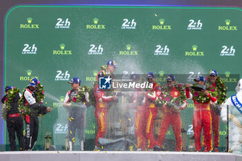 2024-06-16 - 50 FUOCO Antonio (ita), MOLINA Miguel (spa), NIELSEN Nicklas (dnk), Ferrari AF Corse, Ferrari 499P #50, Hypercar, FIA WEC, 51 PIER GUIDI Alessandro (ita), CALADO James (gbr), GIOVINAZZI Antonio (ita), Ferrari AF Corse, Ferrari 499P #51, Hypercar, FIA WEC, podium during the podium of the 2024 24 Hours of Le Mans, 4th round of the 2024 FIA World Endurance Championship, on the Circuit des 24 Heures du Mans, from June 15 to 16, 2024 in Le Mans, France - 24 HEURES DU MANS 2024 - PODIUM - ENDURANCE - MOTORS