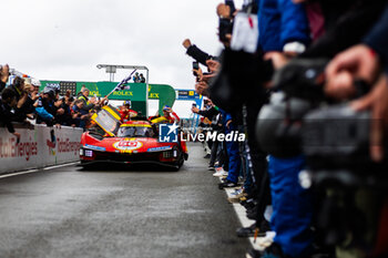 2024-06-16 - 50 FUOCO Antonio (ita), MOLINA Miguel (spa), NIELSEN Nicklas (dnk), Ferrari AF Corse, Ferrari 499P #50, Hypercar, FIA WEC, action during the podium of the 2024 24 Hours of Le Mans, 4th round of the 2024 FIA World Endurance Championship, on the Circuit des 24 Heures du Mans, from June 15 to 16, 2024 in Le Mans, France - 24 HEURES DU MANS 2024 - PODIUM - ENDURANCE - MOTORS