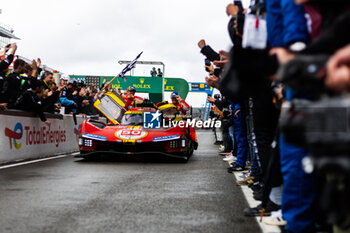 2024-06-16 - 50 FUOCO Antonio (ita), MOLINA Miguel (spa), NIELSEN Nicklas (dnk), Ferrari AF Corse, Ferrari 499P #50, Hypercar, FIA WEC, action during the podium of the 2024 24 Hours of Le Mans, 4th round of the 2024 FIA World Endurance Championship, on the Circuit des 24 Heures du Mans, from June 15 to 16, 2024 in Le Mans, France - 24 HEURES DU MANS 2024 - PODIUM - ENDURANCE - MOTORS