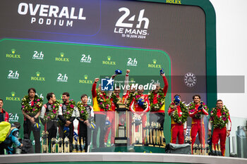 2024-06-16 - Podium, 50 FUOCO Antonio (ita), MOLINA Miguel (spa), NIELSEN Nicklas (dnk), Ferrari AF Corse, Ferrari 499P #50, Hypercar, FIA WEC, 07 CONWAY Mike (gbr), KOBAYASHI Kamui (jpn), DE VRIES Nyck (nld), Toyota Gazoo Racing, Toyota GR010 - Hybrid #07, Hypercar, FIA WEC, 51 PIER GUIDI Alessandro (ita), CALADO James (gbr), GIOVINAZZI Antonio (ita), Ferrari AF Corse, Ferrari 499P #51, Hypercar, FIA WEC, action during the podium of the 2024 24 Hours of Le Mans, 4th round of the 2024 FIA World Endurance Championship, on the Circuit des 24 Heures du Mans, from June 15 to 16, 2024 in Le Mans, France - 24 HEURES DU MANS 2024 - PODIUM - ENDURANCE - MOTORS