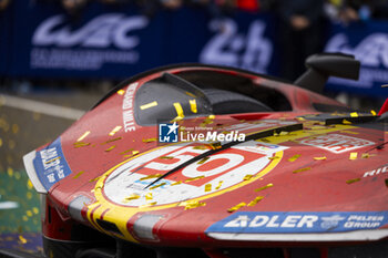 2024-06-16 - 50 FUOCO Antonio (ita), MOLINA Miguel (spa), NIELSEN Nicklas (dnk), Ferrari AF Corse, Ferrari 499P #50, Hypercar, FIA WEC, detail, dirt during the podium of the 2024 24 Hours of Le Mans, 4th round of the 2024 FIA World Endurance Championship, on the Circuit des 24 Heures du Mans, from June 15 to 16, 2024 in Le Mans, France - 24 HEURES DU MANS 2024 - PODIUM - ENDURANCE - MOTORS