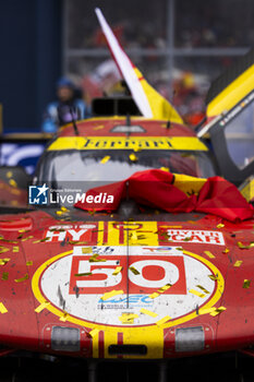 2024-06-16 - 50 FUOCO Antonio (ita), MOLINA Miguel (spa), NIELSEN Nicklas (dnk), Ferrari AF Corse, Ferrari 499P #50, Hypercar, FIA WEC, detail, dirt during the podium of the 2024 24 Hours of Le Mans, 4th round of the 2024 FIA World Endurance Championship, on the Circuit des 24 Heures du Mans, from June 15 to 16, 2024 in Le Mans, France - 24 HEURES DU MANS 2024 - PODIUM - ENDURANCE - MOTORS