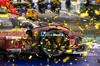 2024-06-16 - 50 FUOCO Antonio (ita), MOLINA Miguel (spa), NIELSEN Nicklas (dnk), Ferrari AF Corse, Ferrari 499P #50, Hypercar, FIA WEC, detail, dirt during the podium of the 2024 24 Hours of Le Mans, 4th round of the 2024 FIA World Endurance Championship, on the Circuit des 24 Heures du Mans, from June 15 to 16, 2024 in Le Mans, France - 24 HEURES DU MANS 2024 - PODIUM - ENDURANCE - MOTORS