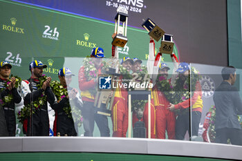 2024-06-16 - 50 FUOCO Antonio (ita), MOLINA Miguel (spa), NIELSEN Nicklas (dnk), Ferrari AF Corse, Ferrari 499P #50, Hypercar, FIA WEC, portrait during the podium of the 2024 24 Hours of Le Mans, 4th round of the 2024 FIA World Endurance Championship, on the Circuit des 24 Heures du Mans, from June 15 to 16, 2024 in Le Mans, France - 24 HEURES DU MANS 2024 - PODIUM - ENDURANCE - MOTORS