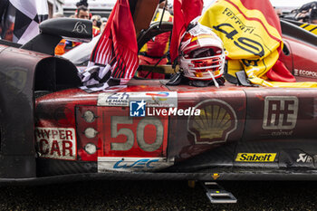 2024-06-16 - 50 FUOCO Antonio (ita), MOLINA Miguel (spa), NIELSEN Nicklas (dnk), Ferrari AF Corse, Ferrari 499P #50, Hypercar, FIA WEC, ambiance during the podium of the 2024 24 Hours of Le Mans, 4th round of the 2024 FIA World Endurance Championship, on the Circuit des 24 Heures du Mans, from June 15 to 16, 2024 in Le Mans, France - 24 HEURES DU MANS 2024 - PODIUM - ENDURANCE - MOTORS