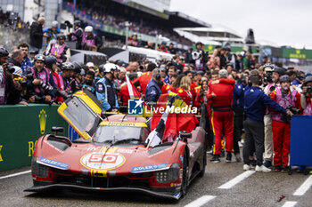 2024-06-16 - 50 FUOCO Antonio (ita), MOLINA Miguel (spa), NIELSEN Nicklas (dnk), Ferrari AF Corse, Ferrari 499P #50, Hypercar, FIA WEC, ambiance during the podium of the 2024 24 Hours of Le Mans, 4th round of the 2024 FIA World Endurance Championship, on the Circuit des 24 Heures du Mans, from June 15 to 16, 2024 in Le Mans, France - 24 HEURES DU MANS 2024 - PODIUM - ENDURANCE - MOTORS