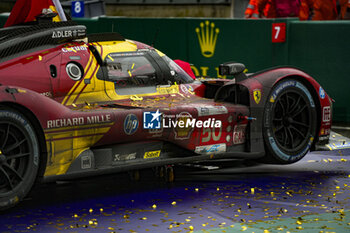 2024-06-16 - 50 FUOCO Antonio (ita), MOLINA Miguel (spa), NIELSEN Nicklas (dnk), Ferrari AF Corse, Ferrari 499P #50, Hypercar, FIA WEC, winner, parc ferme during the podium of the 2024 24 Hours of Le Mans, 4th round of the 2024 FIA World Endurance Championship, on the Circuit des 24 Heures du Mans, from June 15 to 16, 2024 in Le Mans, France - 24 HEURES DU MANS 2024 - PODIUM - ENDURANCE - MOTORS