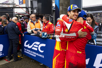 2024-06-16 - GIOVINAZZI Antonio (ita), Ferrari AF Corse, Ferrari 499P #51, Hypercar, FIA WEC, MOLINA Miguel (spa), Ferrari AF Corse, Ferrari 499P #50, Hypercar, FIA WEC, portrait during the podium of the 2024 24 Hours of Le Mans, 4th round of the 2024 FIA World Endurance Championship, on the Circuit des 24 Heures du Mans, from June 15 to 16, 2024 in Le Mans, France - 24 HEURES DU MANS 2024 - PODIUM - ENDURANCE - MOTORS